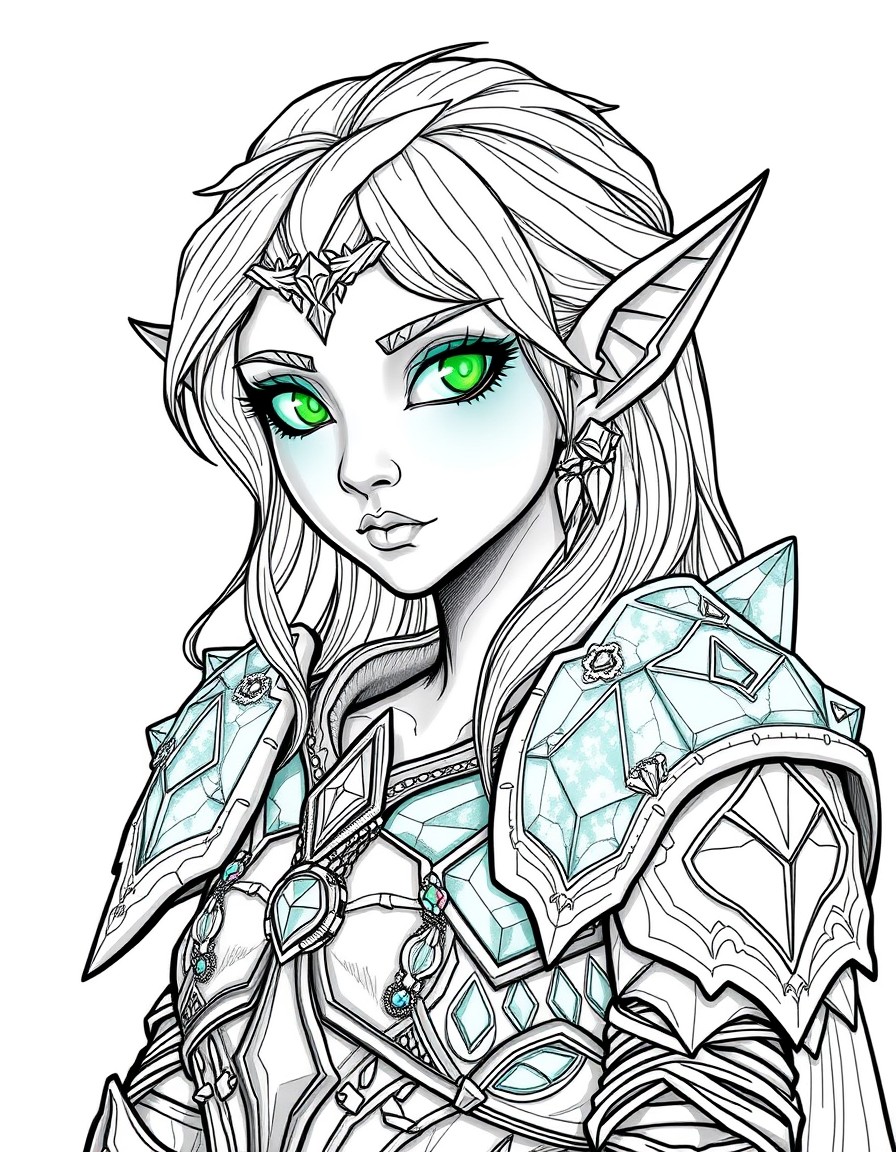 An elf with translucent skin that looks like they are made of glass and glowing green eyes. She wears armor that is also translucent and made of cut gemstones and crystals. They are in a deep, dark ca