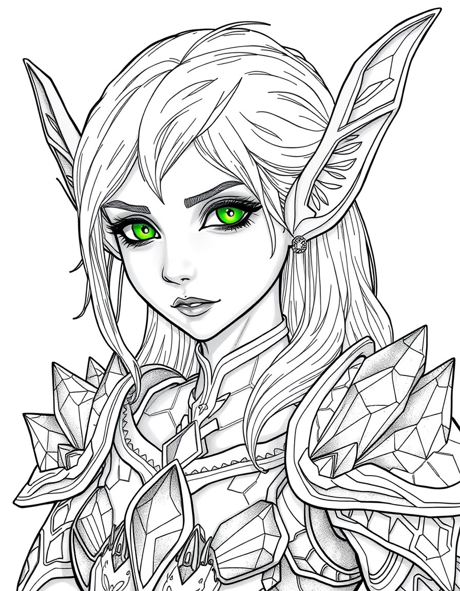 An elf with translucent skin that looks like they are made of glass and glowing green eyes. She wears armor that is also translucent and made of cut gemstones and crystals. They are in a deep, dark ca