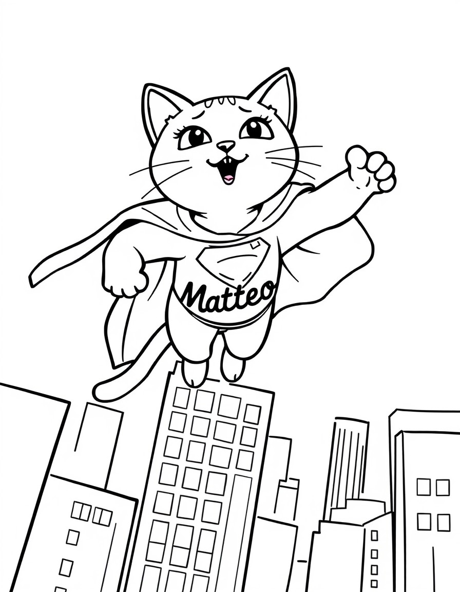 A superhero cat flying above skyscrapers with a cape that displays 'Matteo'