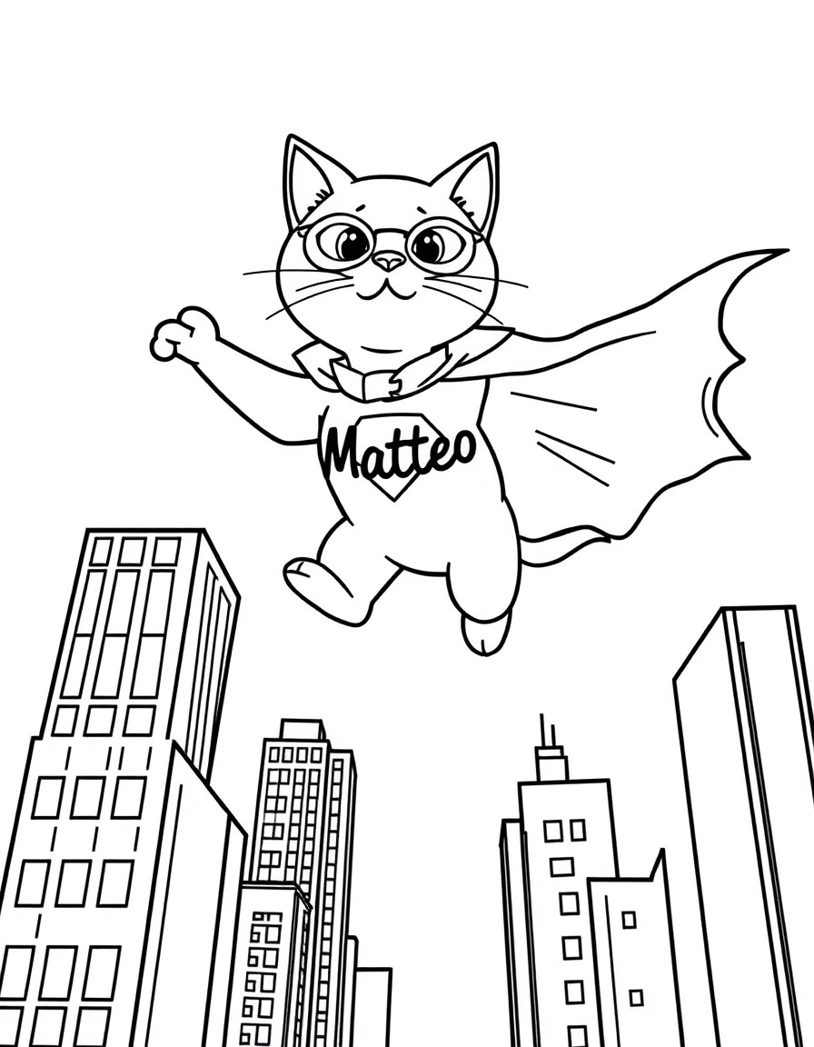 A superhero cat flying above skyscrapers with a cape that displays 'Matteo'