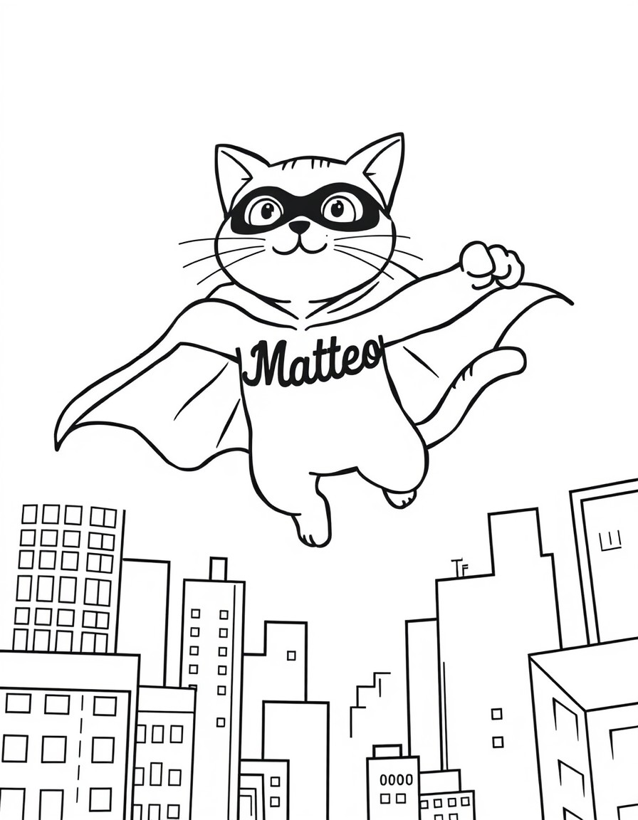 A superhero cat flying above skyscrapers with a cape that displays 'Matteo'