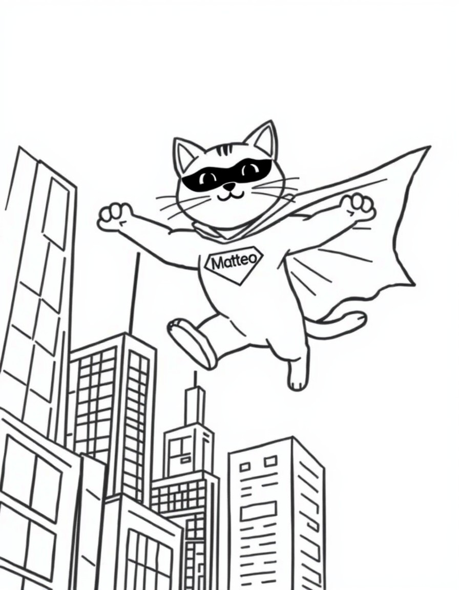 A superhero cat flying above skyscrapers with a cape that displays 'Matteo'