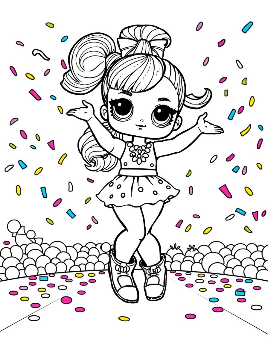 LOL Surprise doll dancing on a bright candy stage with colorful confetti falling around her