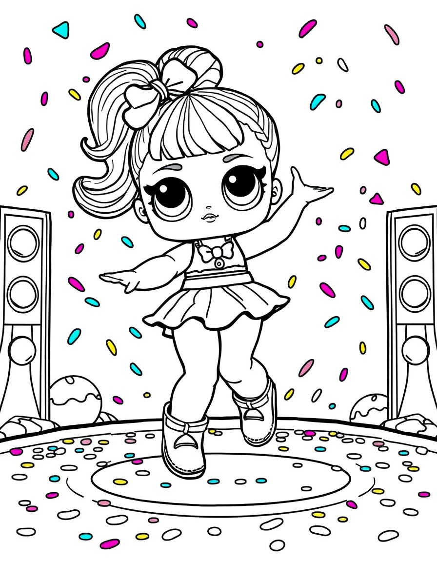 LOL Surprise doll dancing on a bright candy stage with colorful confetti falling around her