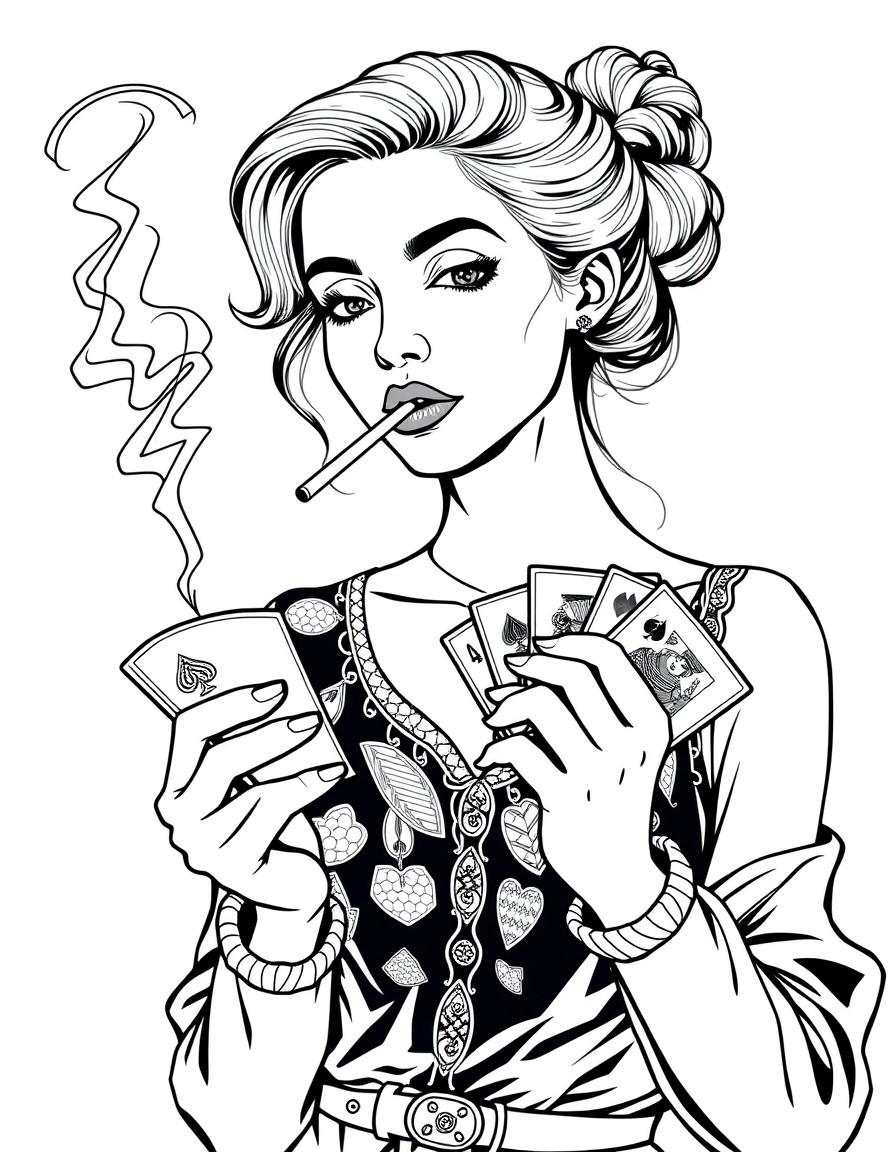 A young woman holding cards whilst smoking a ciggerette
