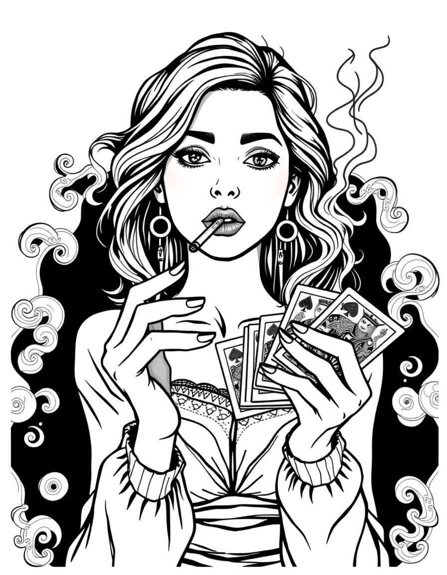 A young woman holding cards whilst smoking a ciggerette