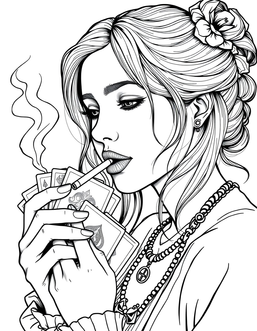 A young woman holding cards whilst smoking a ciggerette