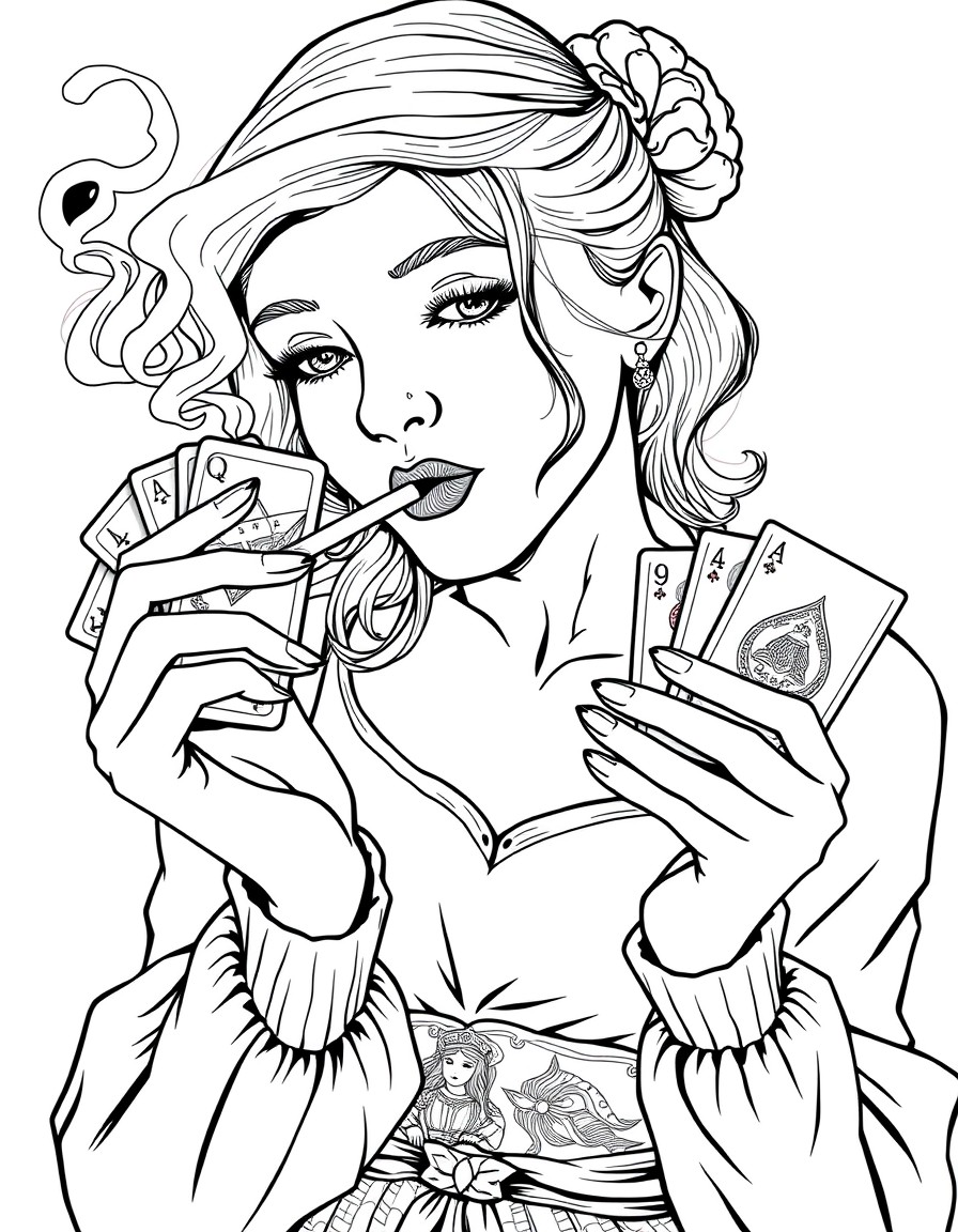 A young woman holding cards whilst smoking a ciggerette