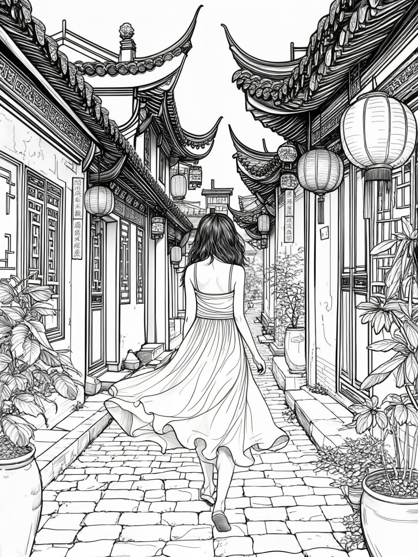A pretty woman in a summer dress walking in an small ally with Chinese style neighborhood