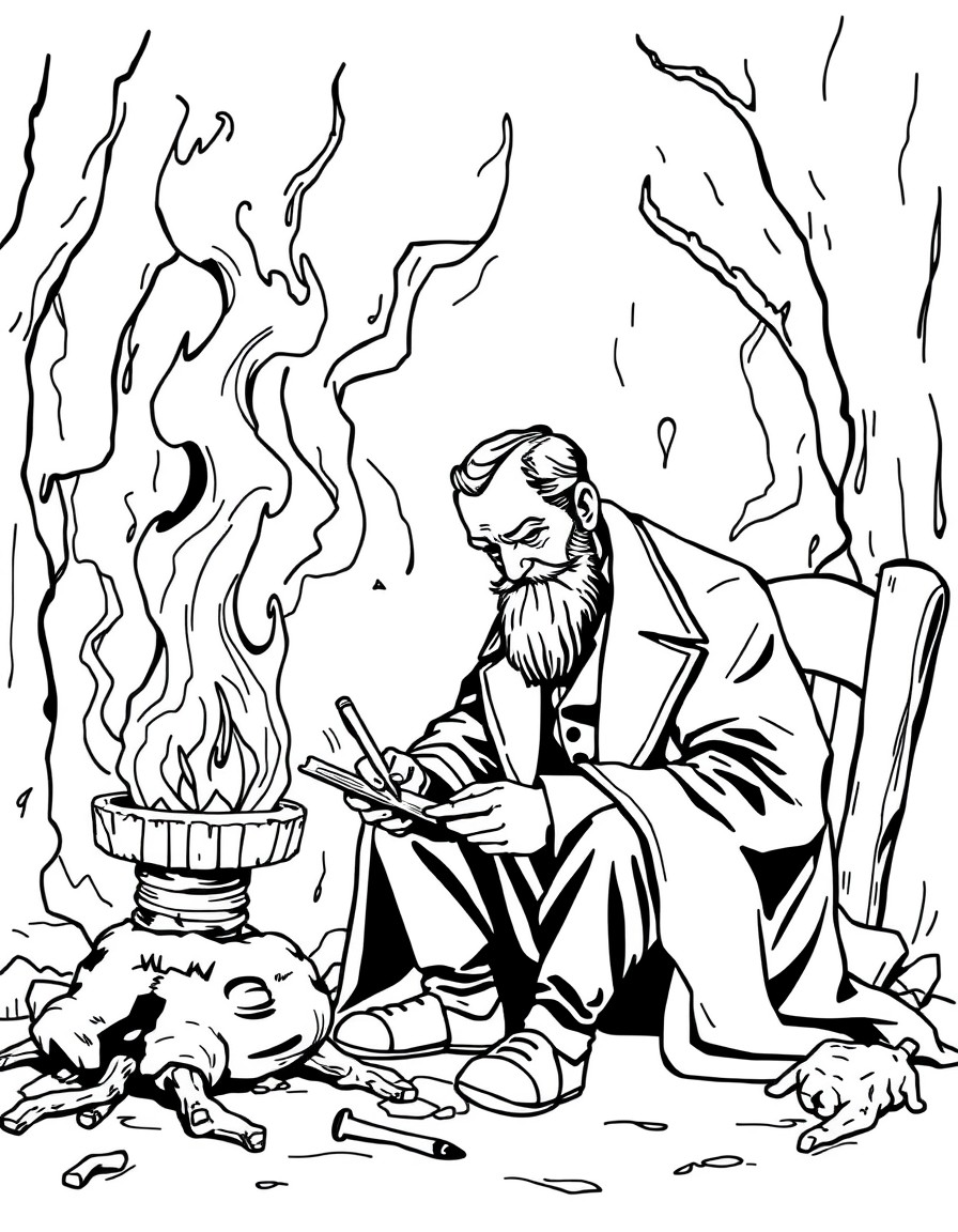 Fyodor Dostoevsky trying to write something next to him an almost burning kindle while the background is dem. The whole scene is morbid