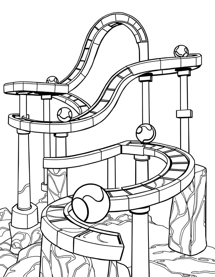 Marble Run with many different connected track pieces of all shapes and sizes, and several marbles zooming down the run