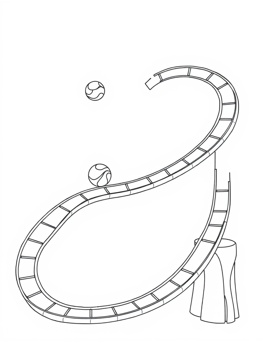 Simplified shapes and outlines of a Marble Run with many different connected track pieces of all shapes and sizes, and several marbles zooming down the run