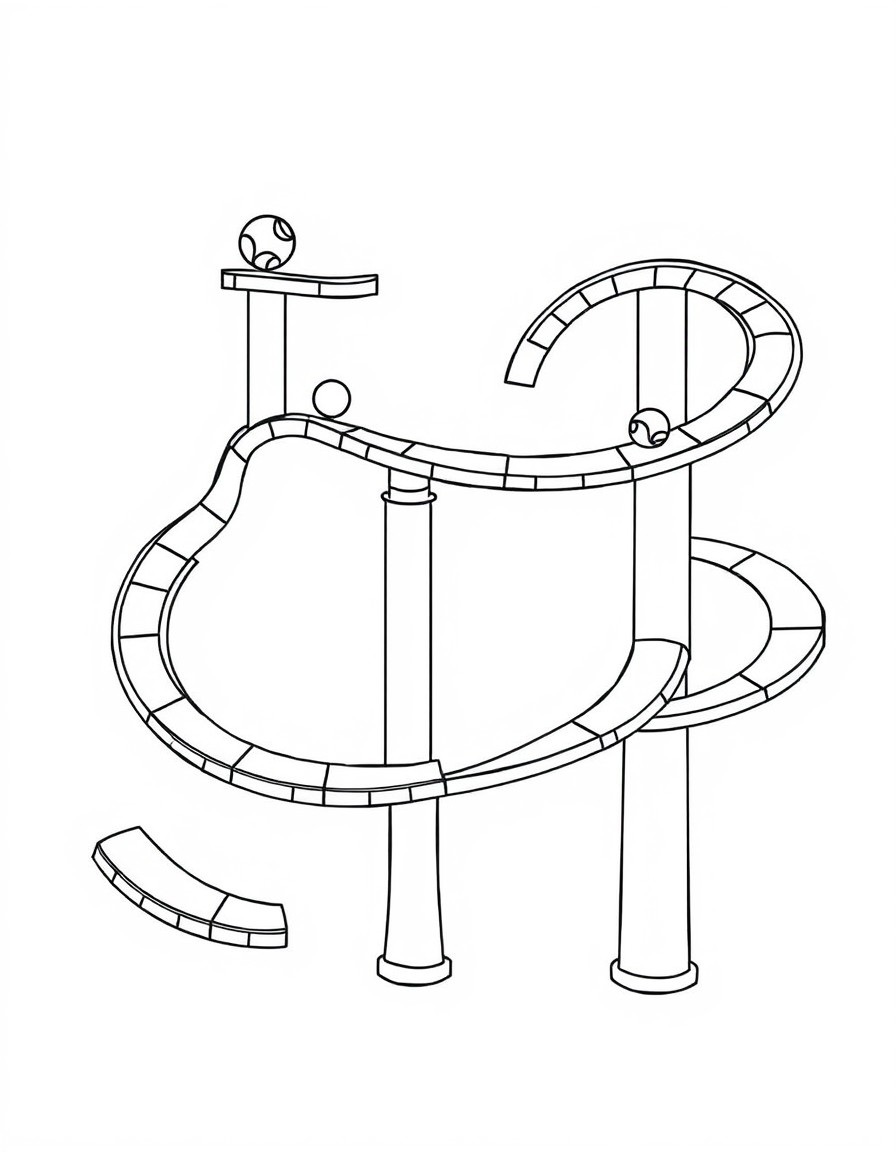 Simplified shapes and outlines of a Marble Run with many different connected track pieces of all shapes and sizes, and several marbles zooming down the run