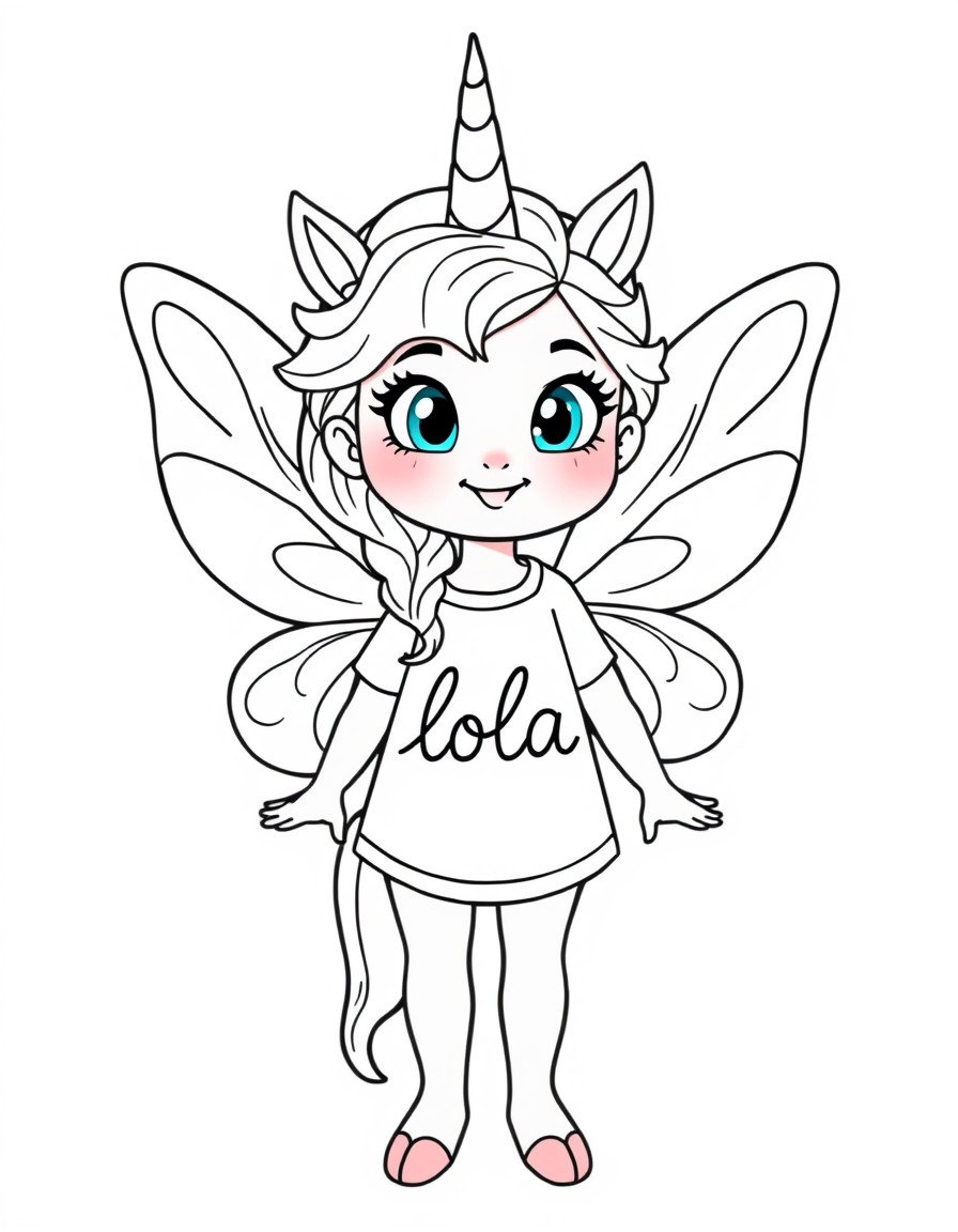A cute elsa style fairy with a unicorn written the name lola on her shirt