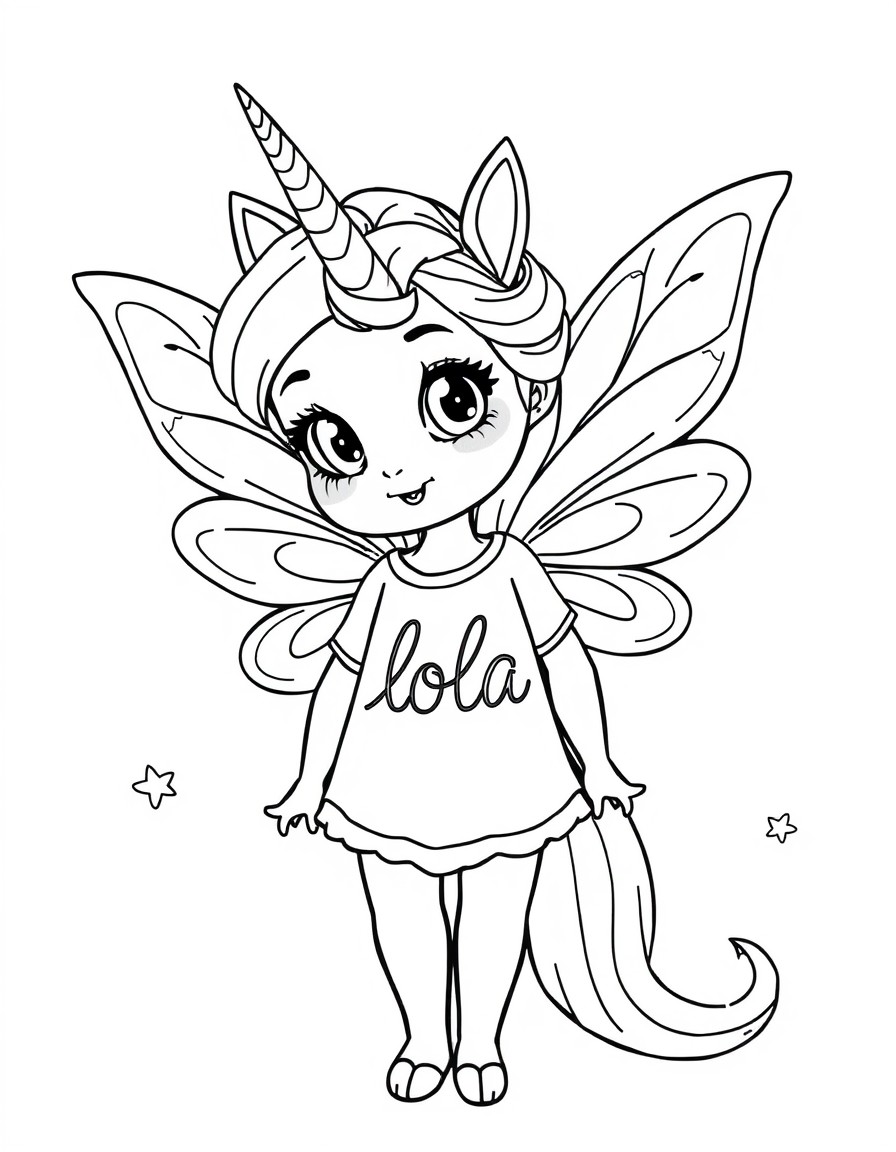 A cute elsa style fairy with a unicorn written the name lola on her shirt