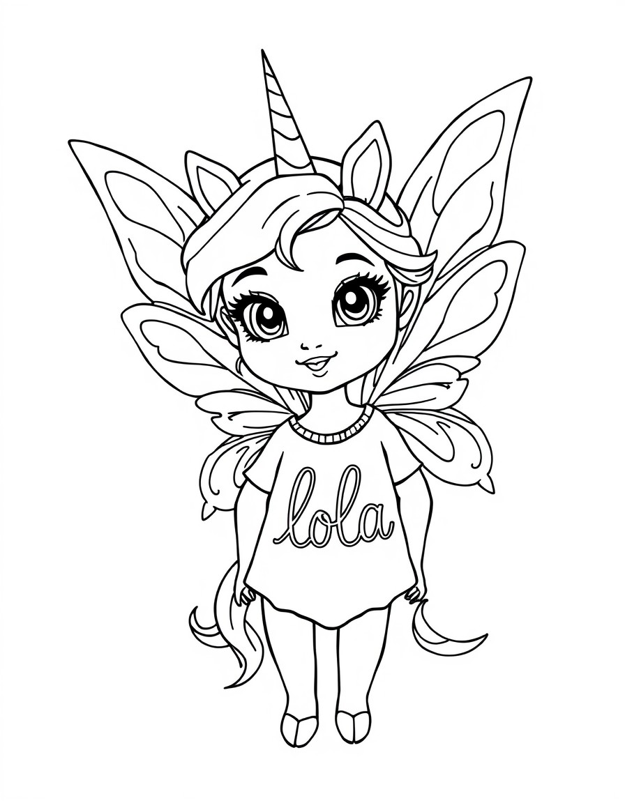 A cute elsa style fairy with a unicorn written the name lola on her shirt
