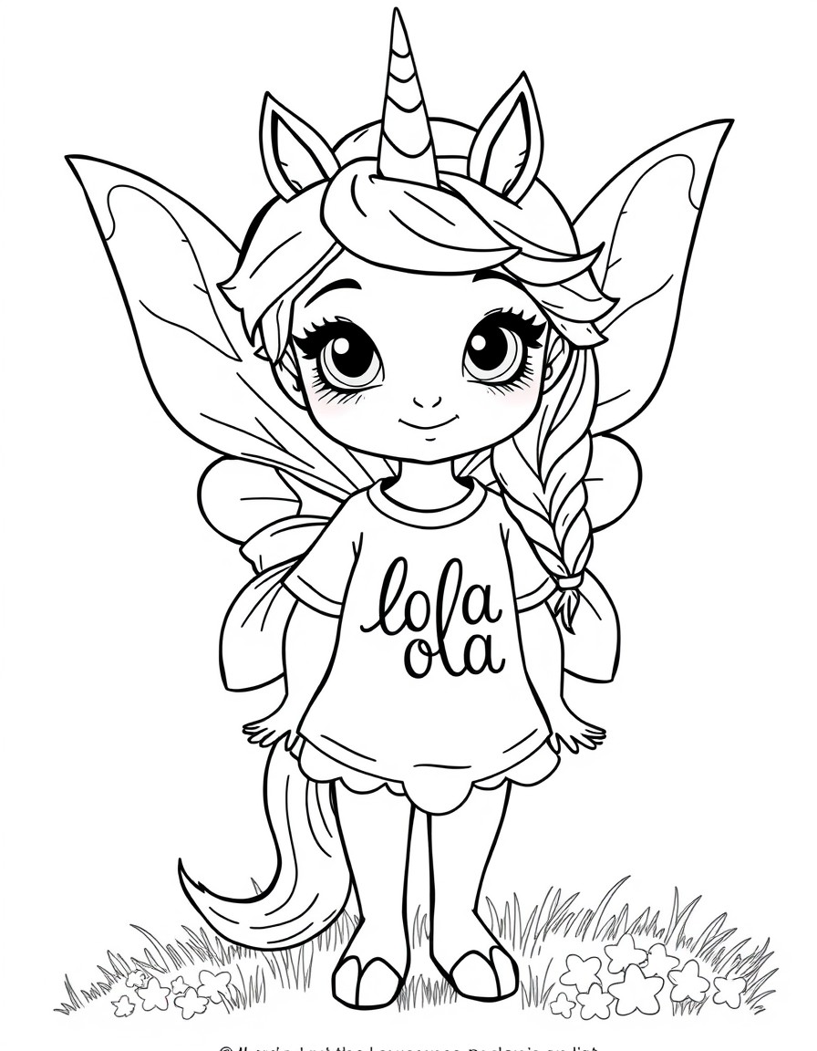 A cute elsa style fairy with a unicorn written the name lola on her shirt