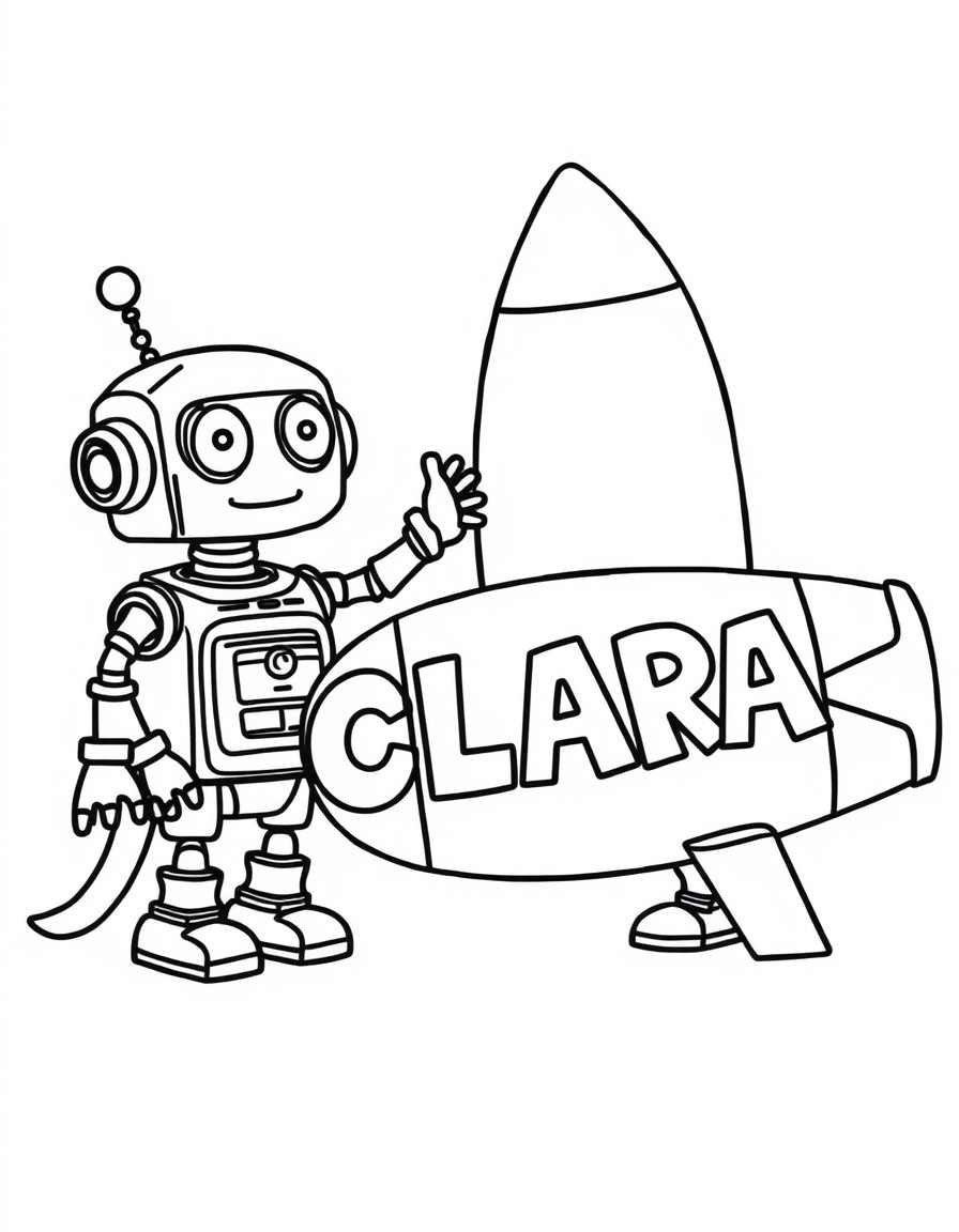 A pair of silly robots building a rocket ship decorated with the letters 'CLARA'