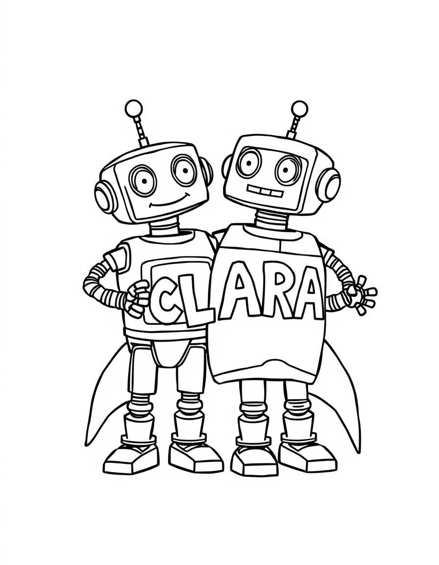 A pair of silly robots building a rocket ship decorated with the letters 'CLARA'