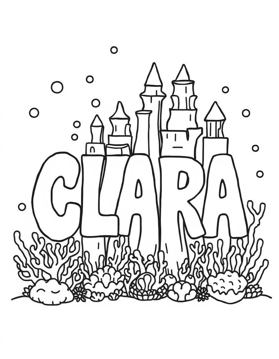 A mermaid city under the sea where coral columns form the letters 'CLARA'