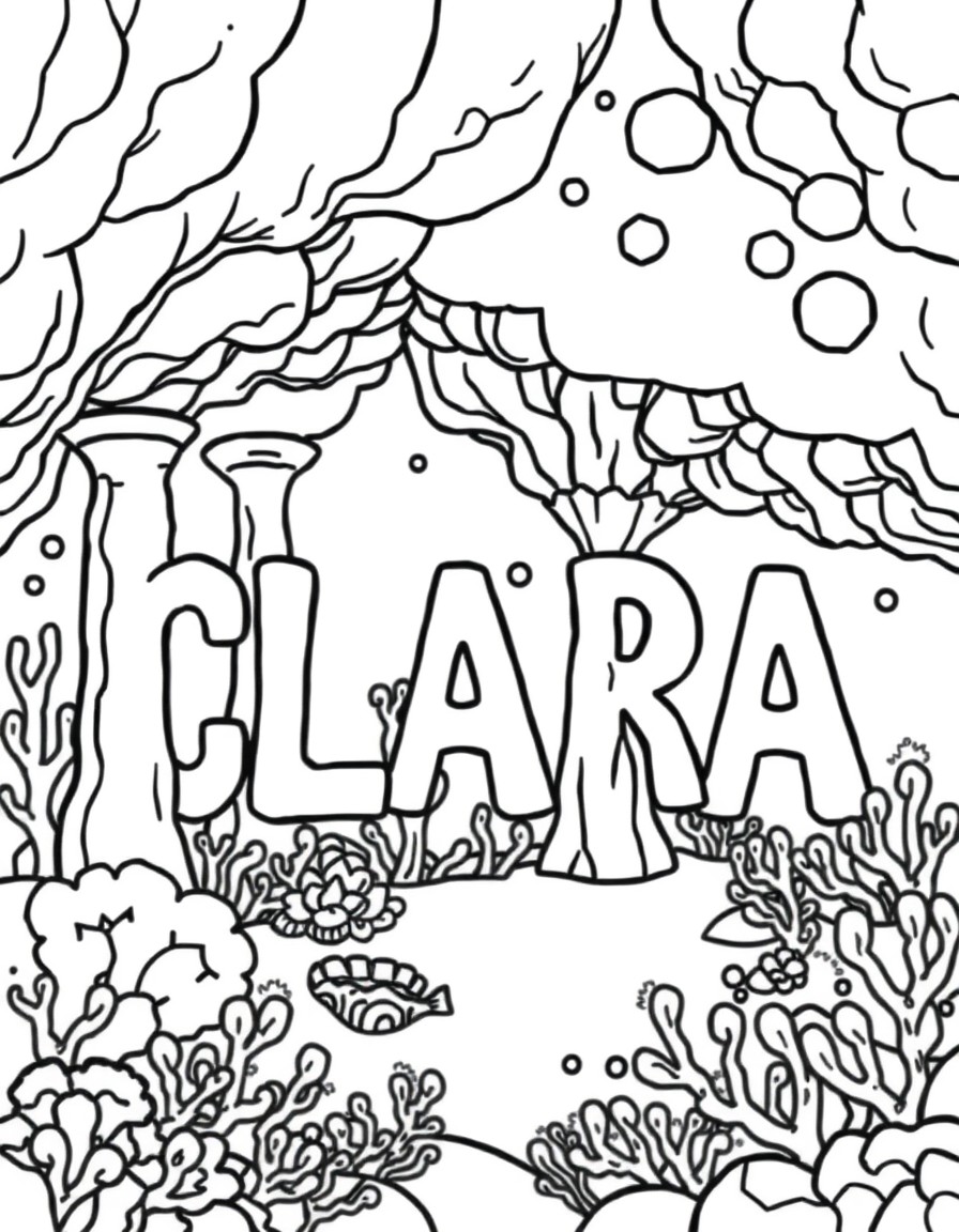 A mermaid city under the sea where coral columns form the letters 'CLARA'