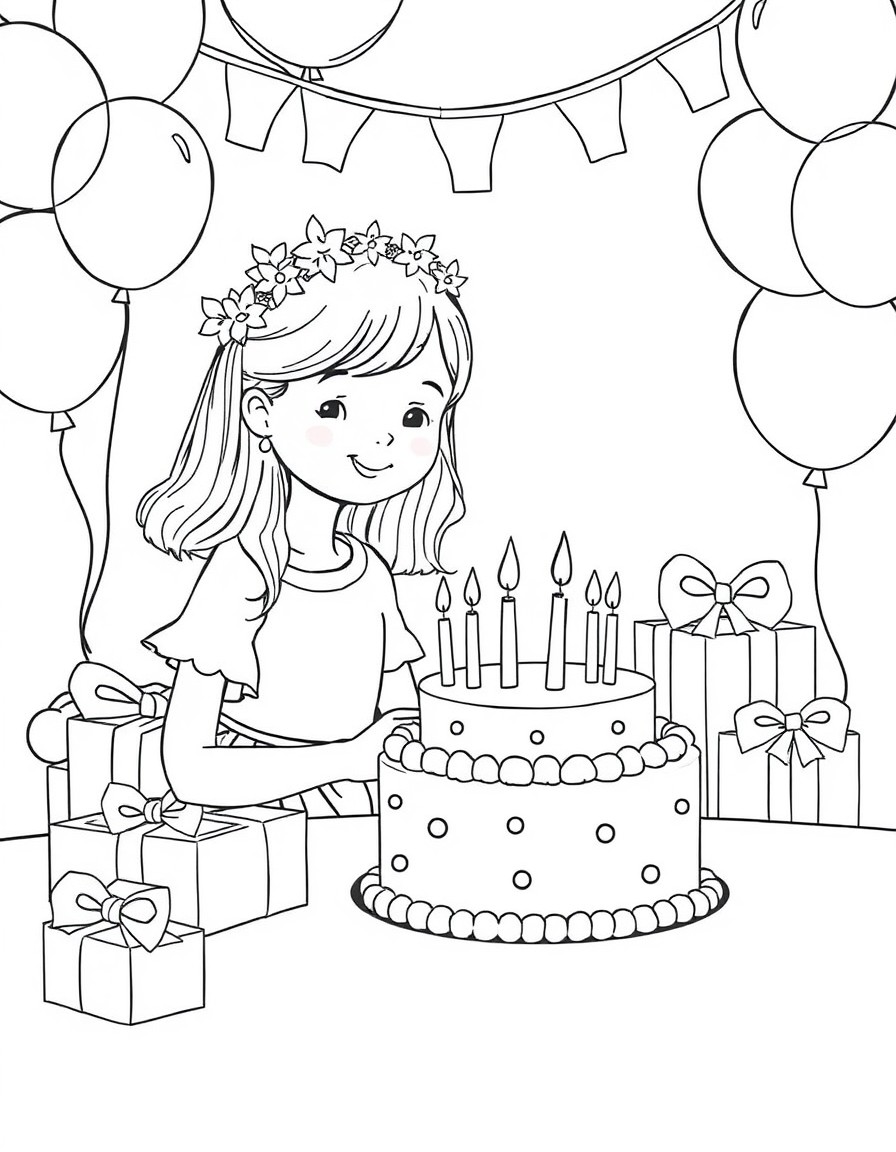 A girl is celebrating her birthday. She has a cake with candles and wrapped gifts. The place is decorated with balloons and the girl has a wreath on her head.