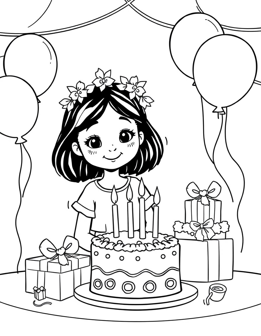 A girl is celebrating her birthday. She has a cake with candles and wrapped gifts. The place is decorated with balloons and the girl has a wreath on her head.