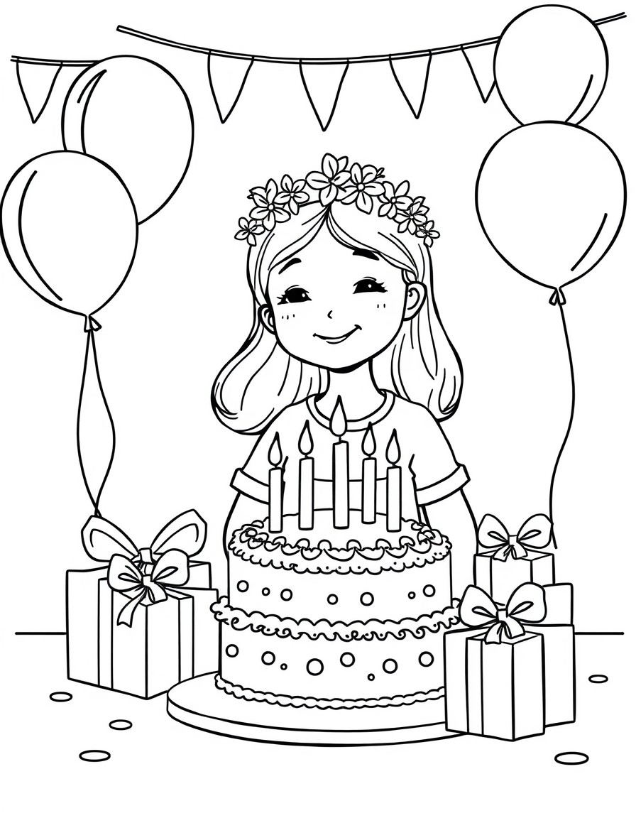 A girl is celebrating her birthday. She has a cake with candles and wrapped gifts. The place is decorated with balloons and the girl has a wreath on her head.