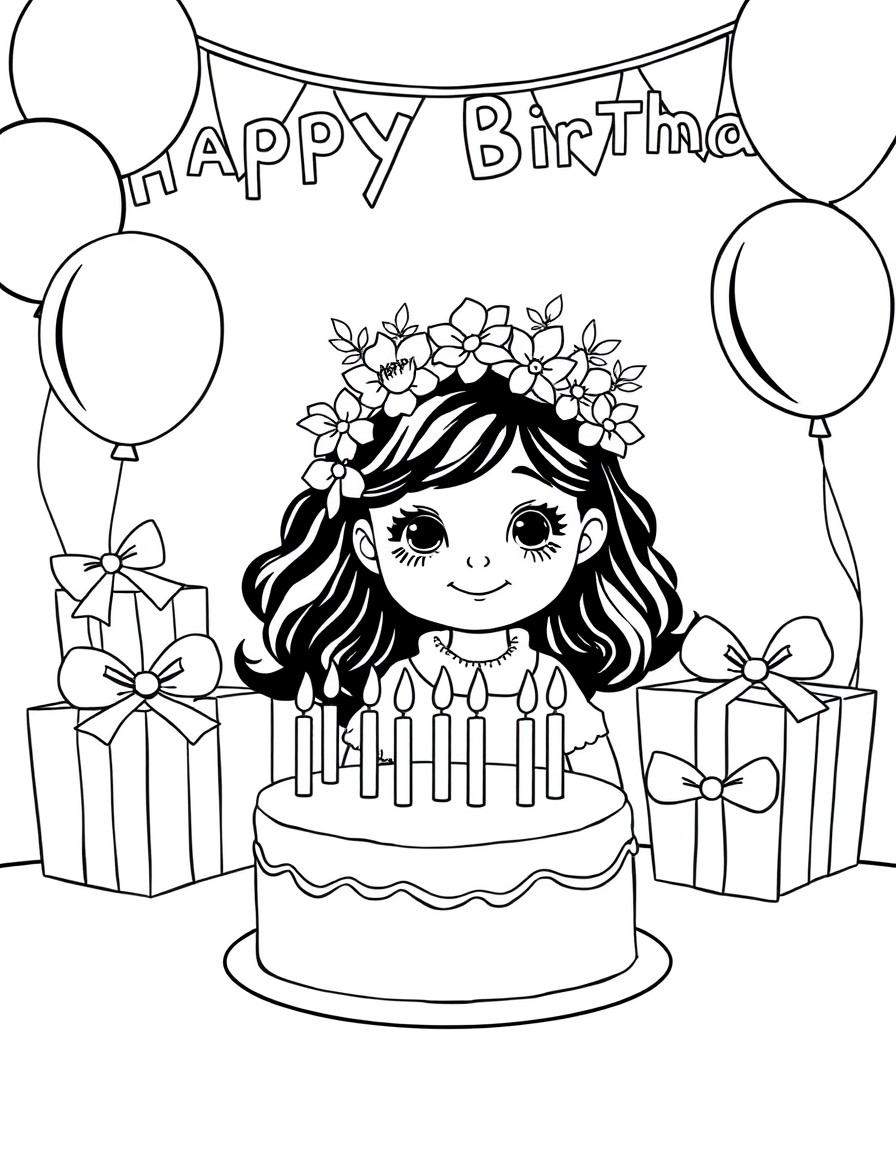 A girl is celebrating her birthday. She has a cake with candles and wrapped gifts. The place is decorated with balloons and the girl has a wreath on her head.