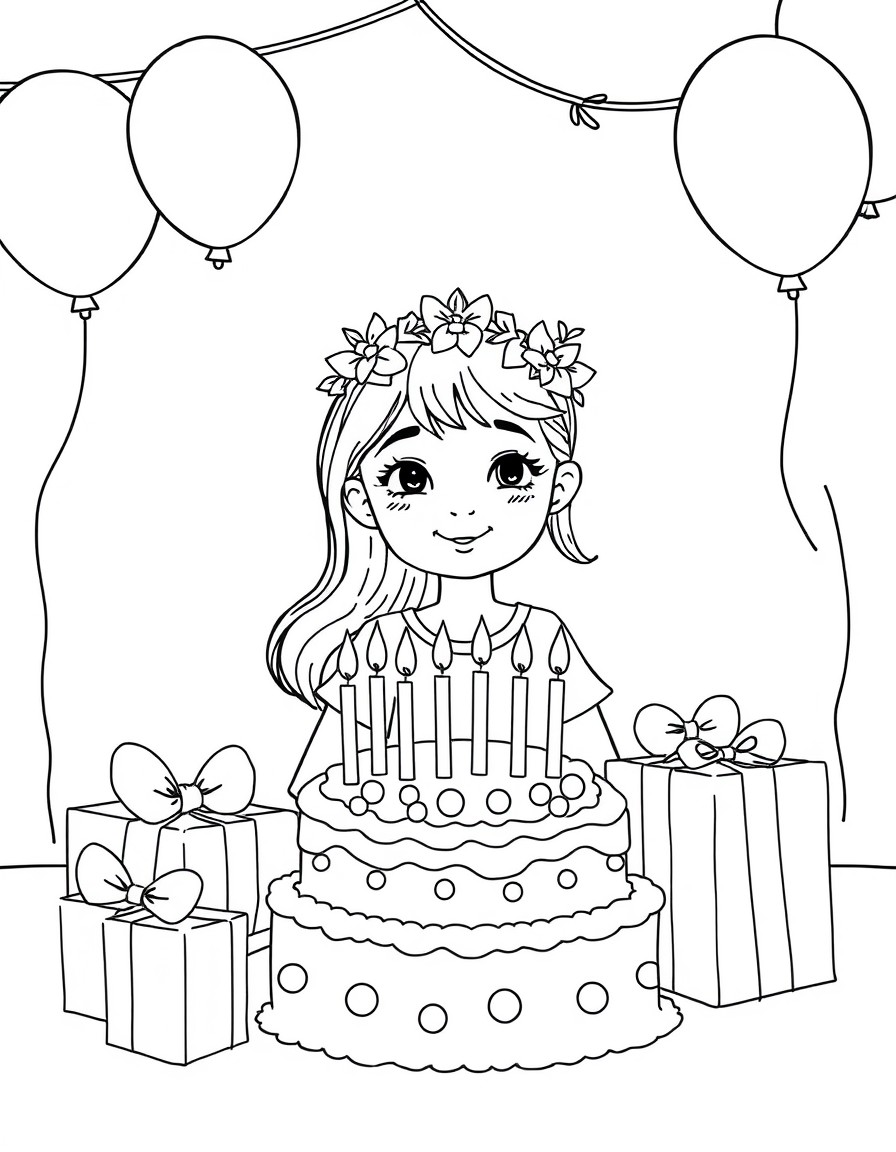 A girl is celebrating her birthday. She has a cake with candles and wrapped gifts. The place is decorated with balloons and the girl has a wreath on her head.