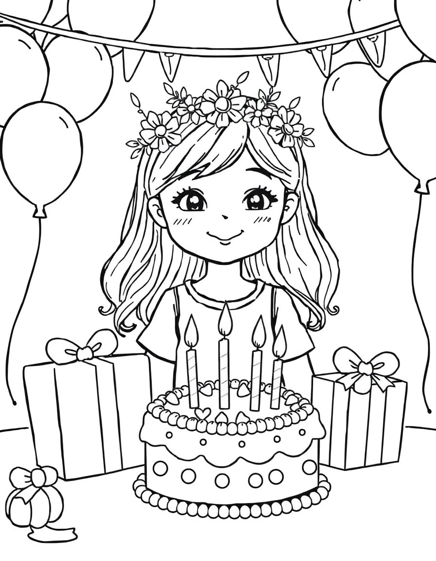 A girl is celebrating her birthday. She has a cake with candles and wrapped gifts. The place is decorated with balloons and the girl has a wreath on her head.