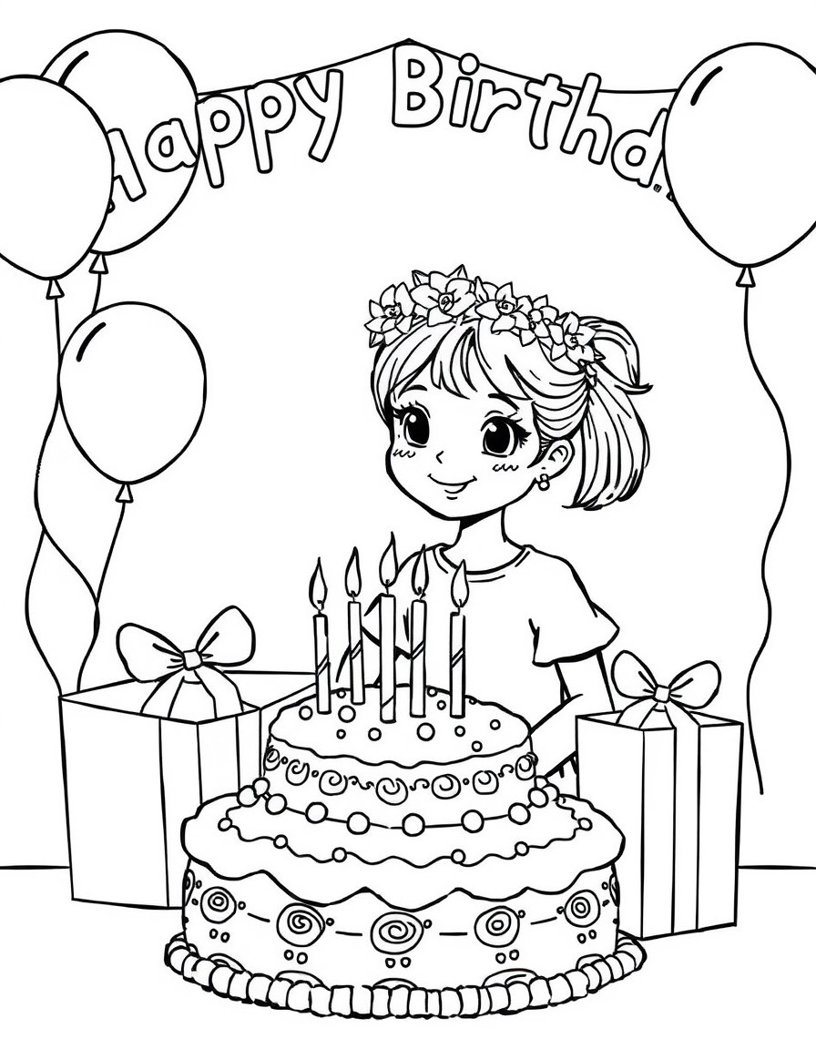 A girl is celebrating her birthday. She has a cake with candles and wrapped gifts. The place is decorated with balloons and the girl has a wreath on her head.