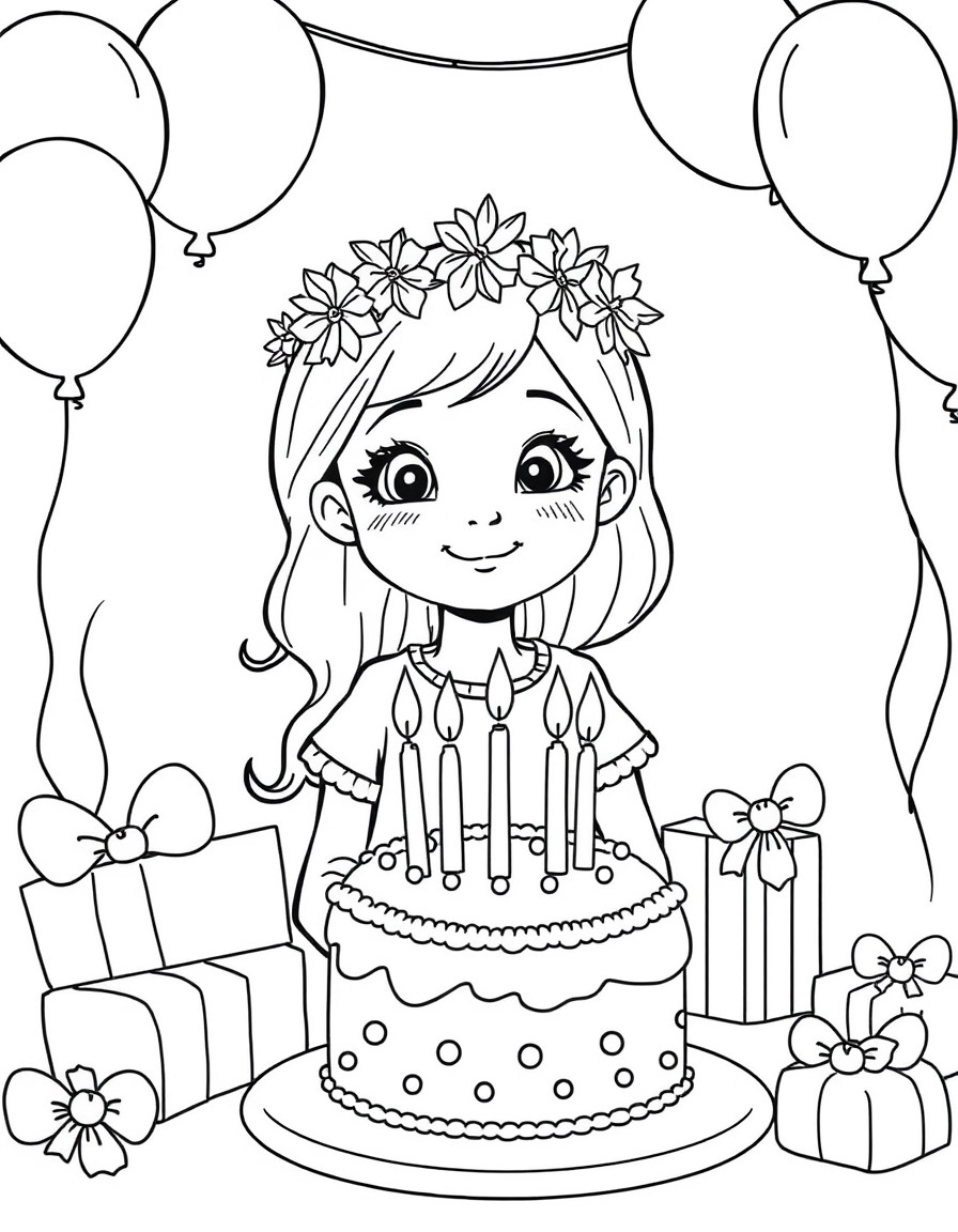 A girl is celebrating her birthday. She has a cake with candles and wrapped gifts. The place is decorated with balloons and the girl has a wreath on her head.