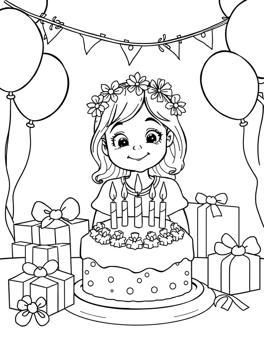 A girl is celebrating her birthday. She has a cake with candles and wrapped gifts. The place is decorated with balloons and the girl has a wreath on her head.