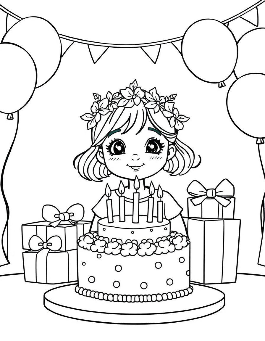 A girl is celebrating her birthday. She has a cake with candles and wrapped gifts. The place is decorated with balloons and the girl has a wreath on her head.