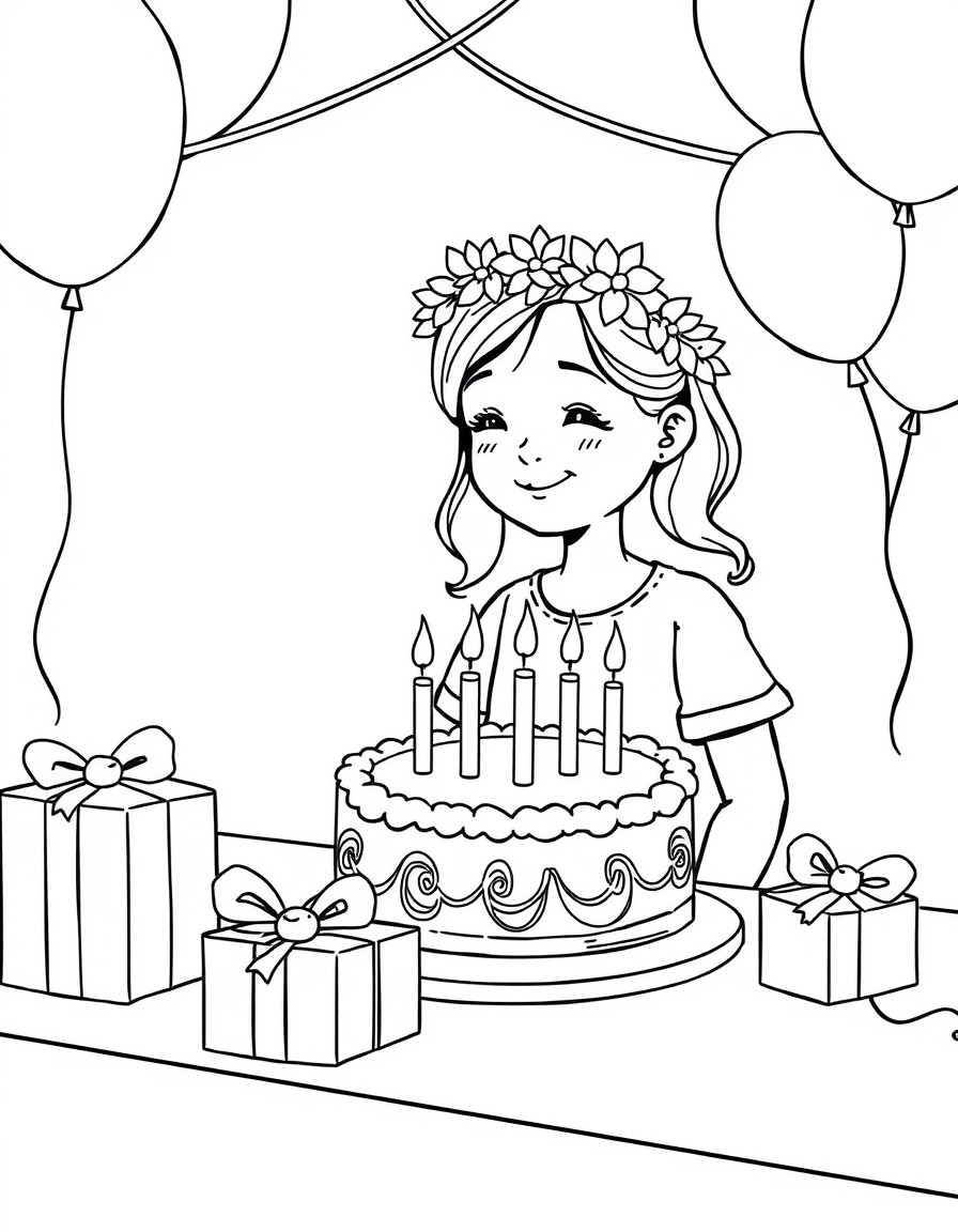 A girl is celebrating her birthday. She has a cake with candles and wrapped gifts. The place is decorated with balloons and the girl has a wreath on her head.