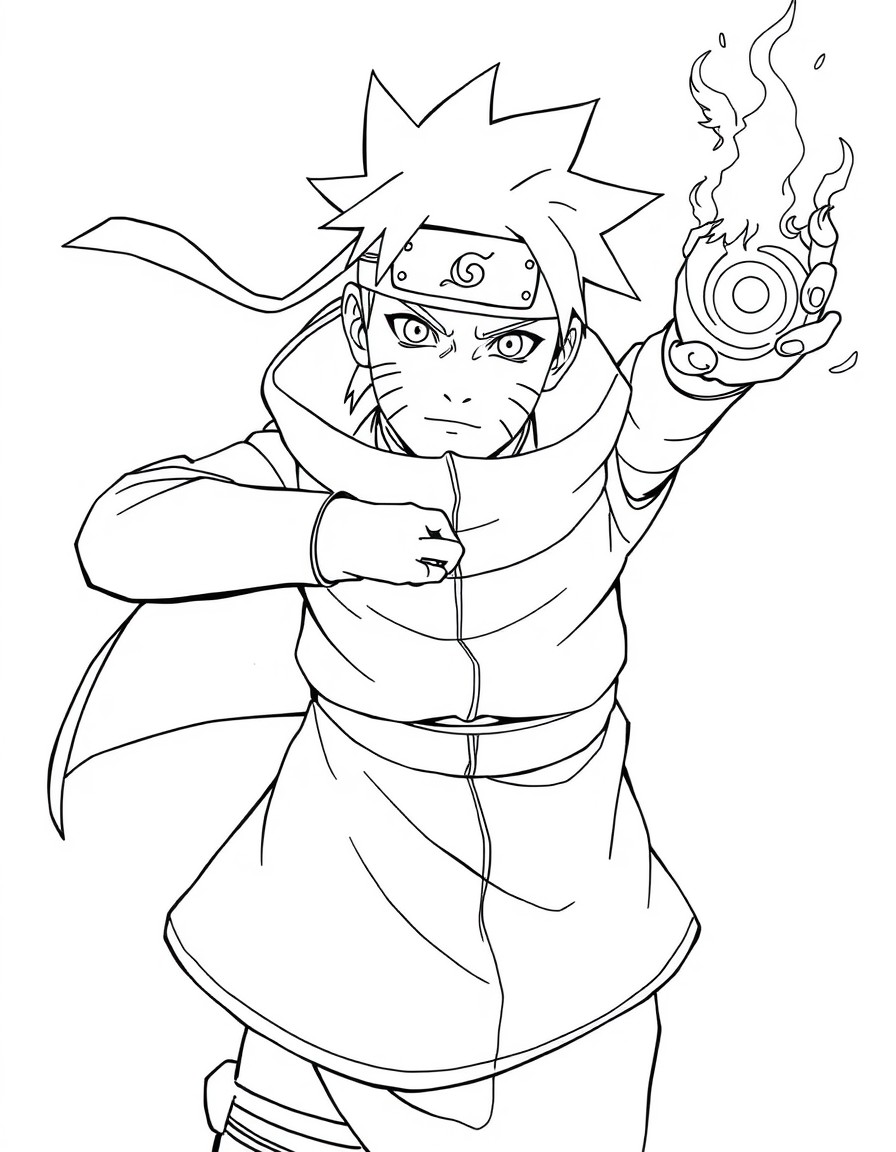 Create a black-and-white line art drawing of Naruto Uzumaki in his Sage Mode, with his signature orange cloak and Rasengan in hand. The drawing should be dynamic and action-packed, with Narutos face s