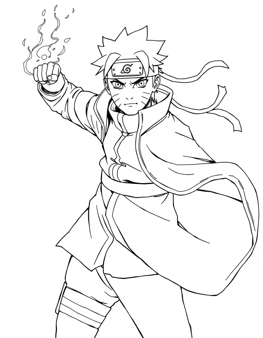 Create a black-and-white line art drawing of Naruto Uzumaki in his Sage Mode, with his signature orange cloak and Rasengan in hand. The drawing should be dynamic and action-packed, with Narutos face s