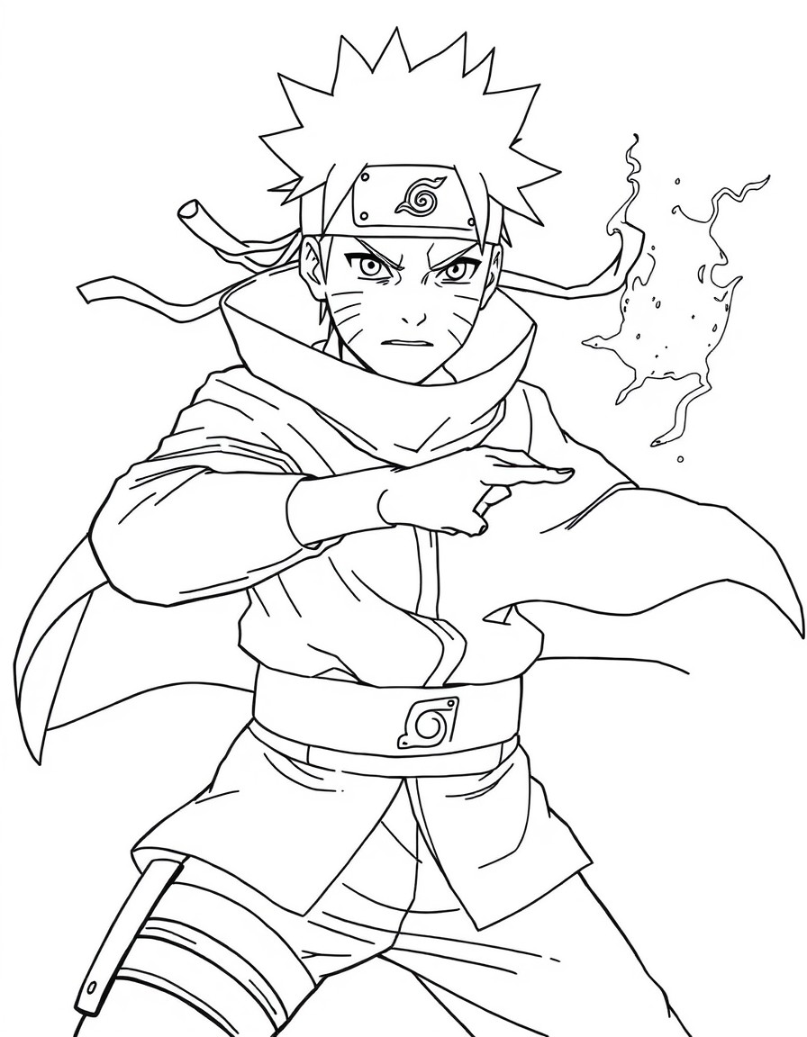 Create a black-and-white line art drawing of Naruto Uzumaki in his Sage Mode, with his signature orange cloak and Rasengan in hand. The drawing should be dynamic and action-packed, with Narutos face s