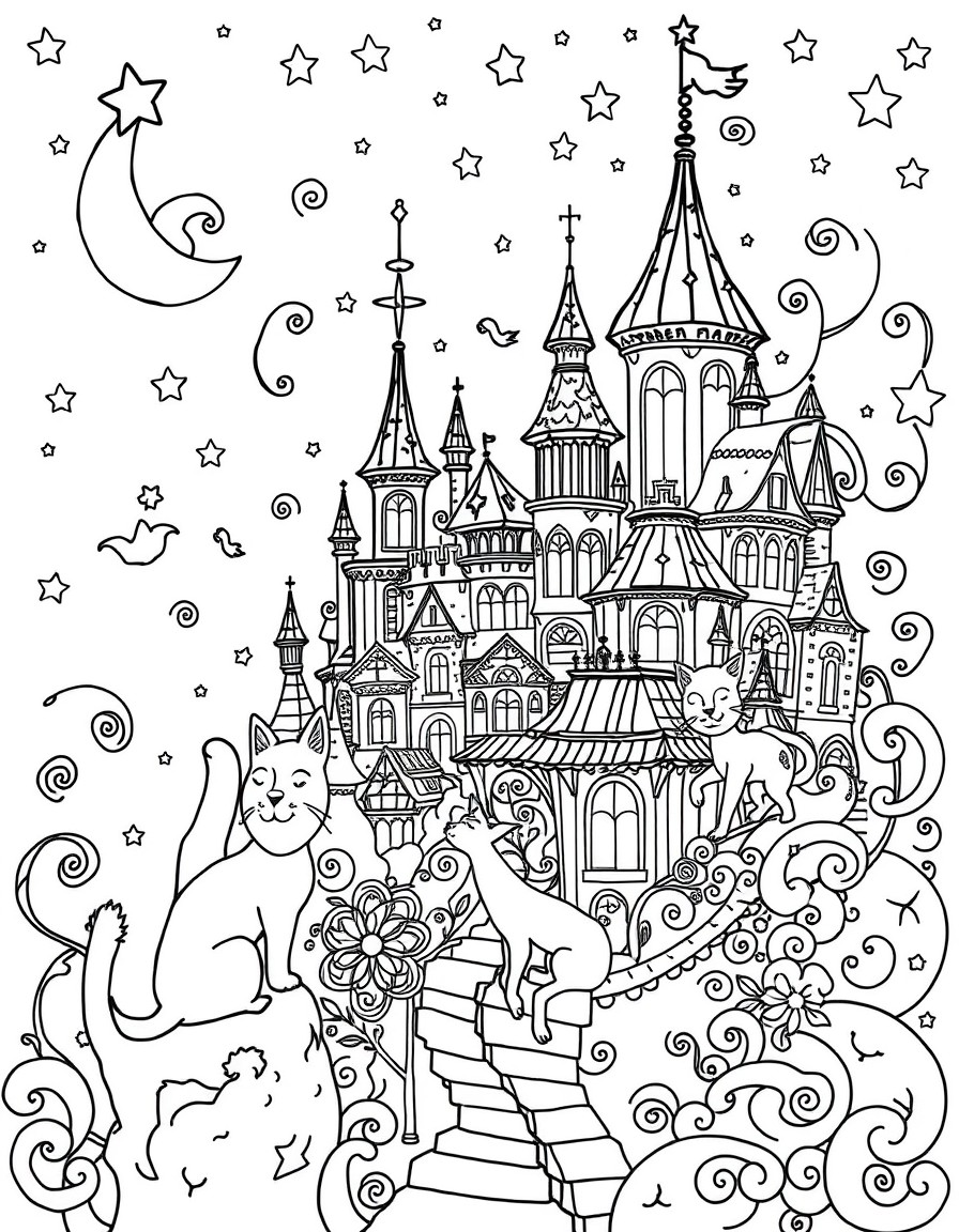 A fairy city in the sky with cats and swirls and stars