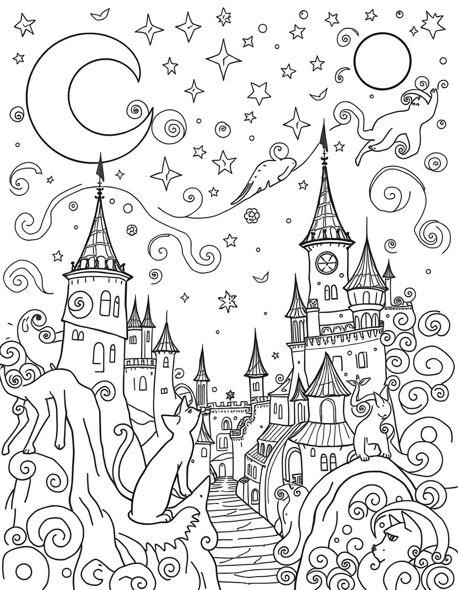 A fairy city in the sky with cats and swirls and stars