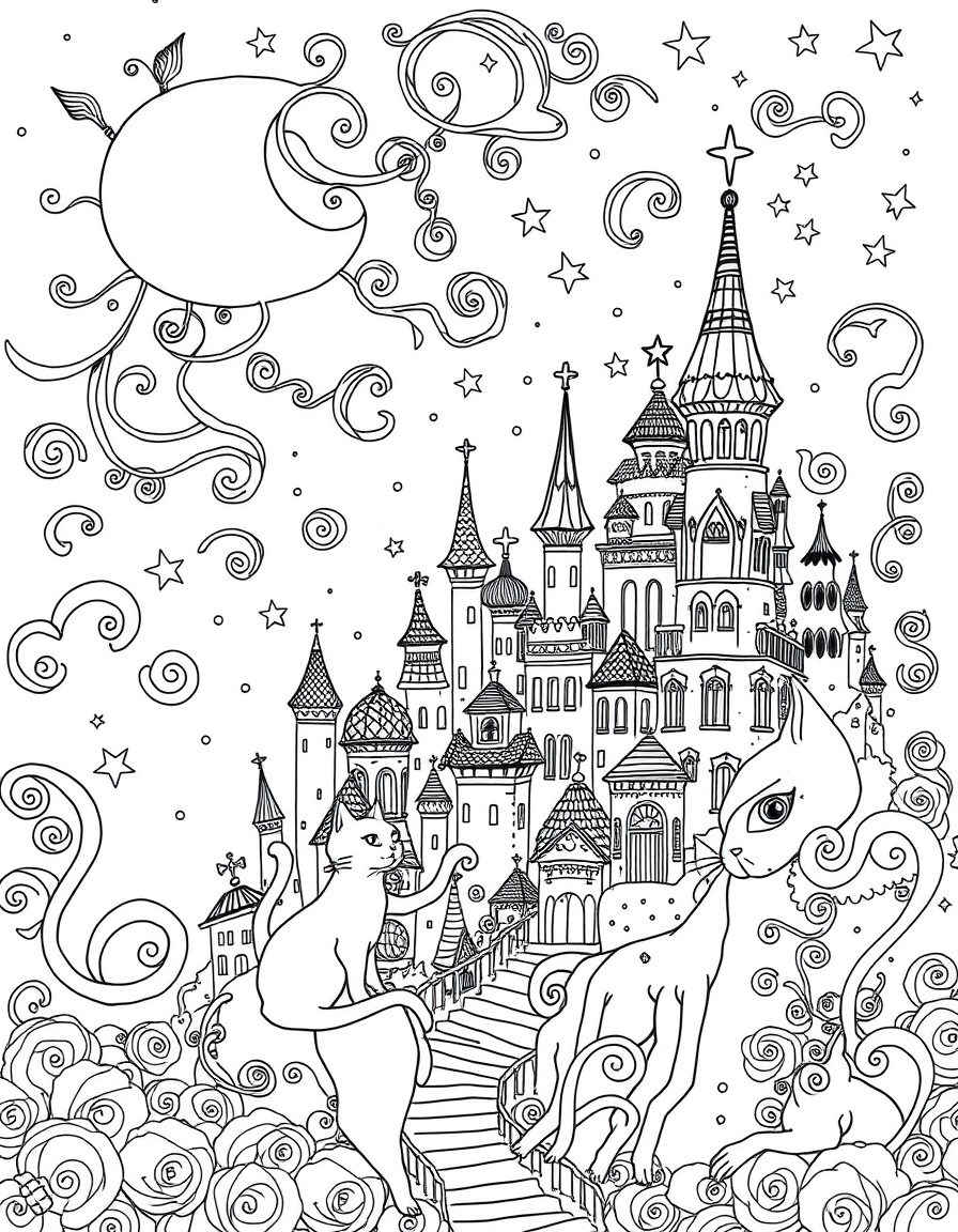 A fairy city in the sky with cats and swirls and stars