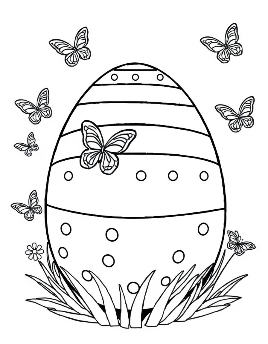 A large Easter egg decorated with stripes and polka dots, surrounded by small flying butterflies.