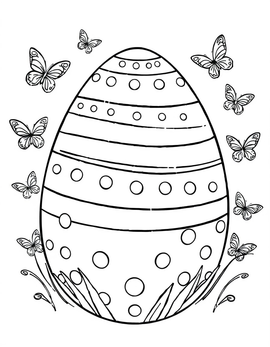 A large Easter egg decorated with stripes and polka dots, surrounded by small flying butterflies.