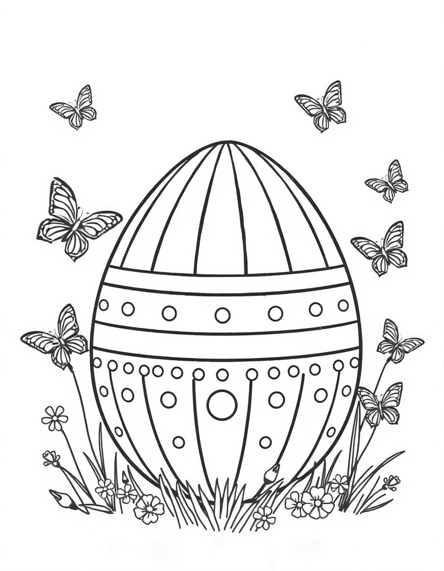 A large Easter egg decorated with stripes and polka dots, surrounded by small flying butterflies.