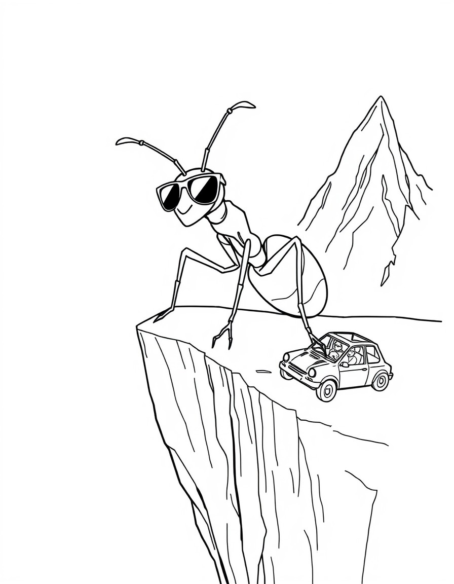Subject A surreal scene featuring ants in human-like scenarios.   Description A large ant wearing sunglasses lounges on the edge of a steep mountain cliff, while another ant drives a tiny car nearby.