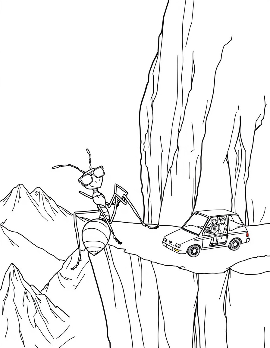 Subject A surreal scene featuring ants in human-like scenarios.   Description A large ant wearing sunglasses lounges on the edge of a steep mountain cliff, while another ant drives a tiny car nearby.