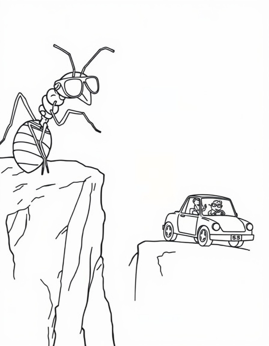Subject A surreal scene featuring ants in human-like scenarios.   Description A large ant wearing sunglasses lounges on the edge of a steep mountain cliff, while another ant drives a tiny car nearby.