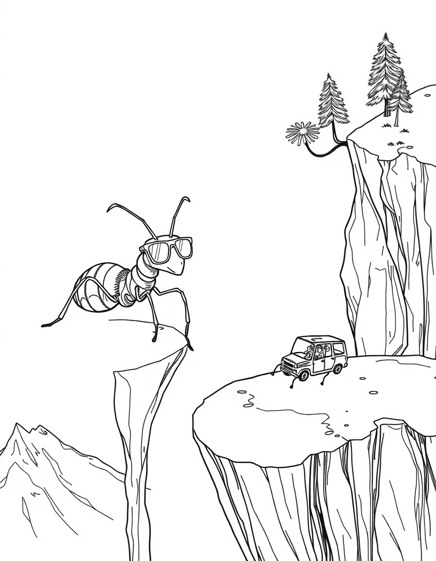 Subject A surreal scene featuring ants in human-like scenarios.   Description A large ant wearing sunglasses lounges on the edge of a steep mountain cliff, while another ant drives a tiny car nearby.
