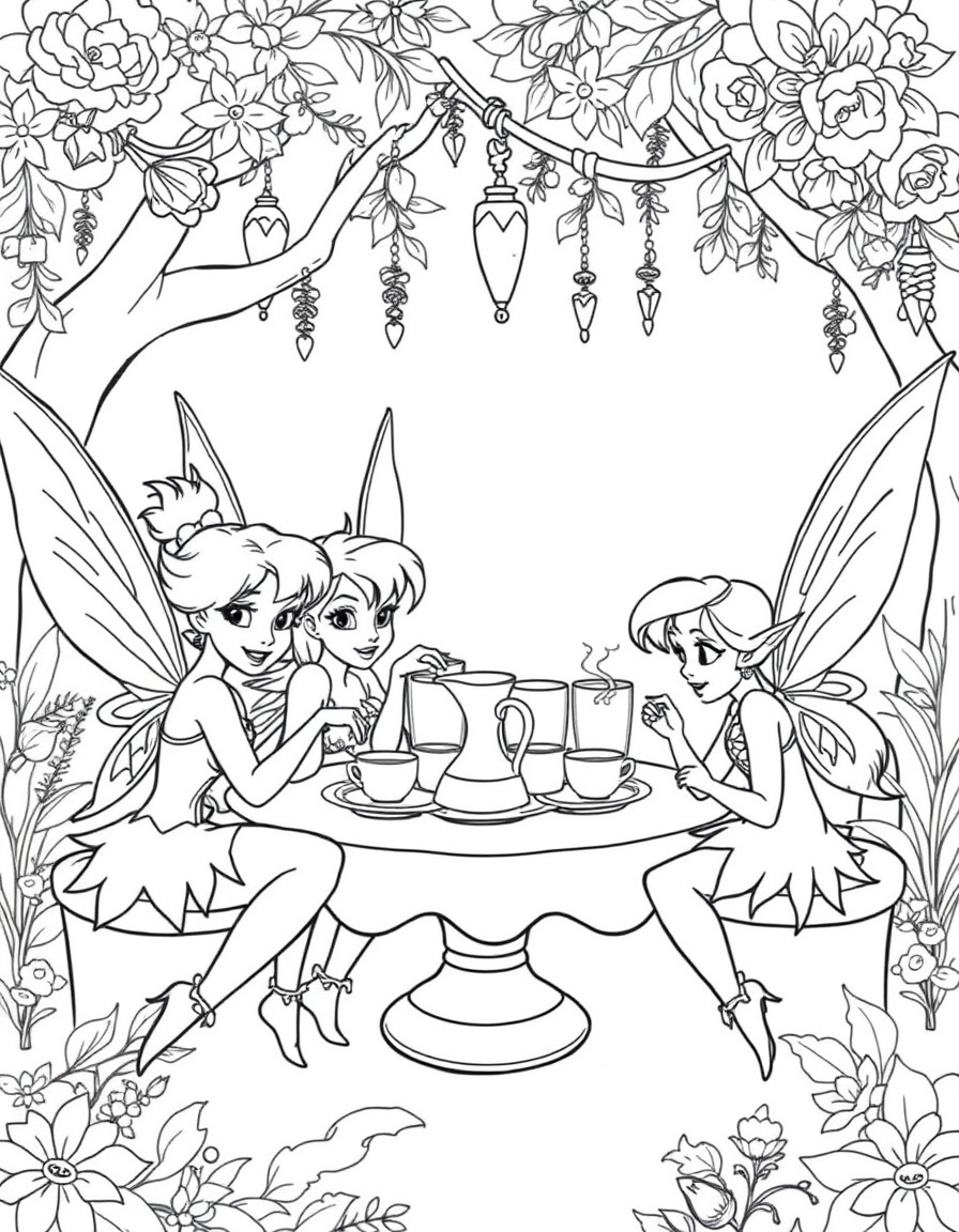 Tinker-bell, Rosetta, Silvermist, fawn, vidia having a tea party in pixie hollow